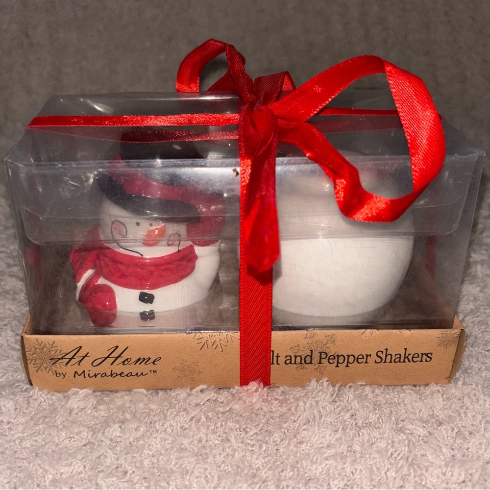 Snowman Salt and Pepper Shakers with Red Ribbon